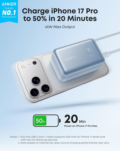 Anker Nano külső akkumulátor, 10000mAh, 45W, QC + PD, 1 x USB-A - 2 x USB-C, Kék