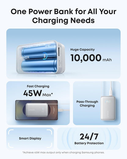 Anker Nano külső akkumulátor, 10000mAh, 45W, QC + PD, 1 x USB-A - 1 x USB-C, Fehér A1638H21