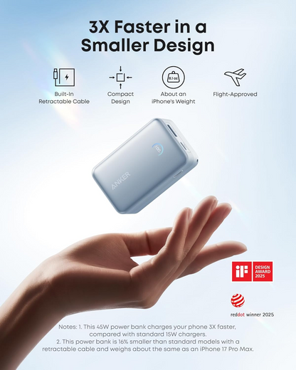 Anker Nano külső akkumulátor, 10000mAh, 45W, QC + PD, 1 x USB-A - 2 x USB-C, Kék