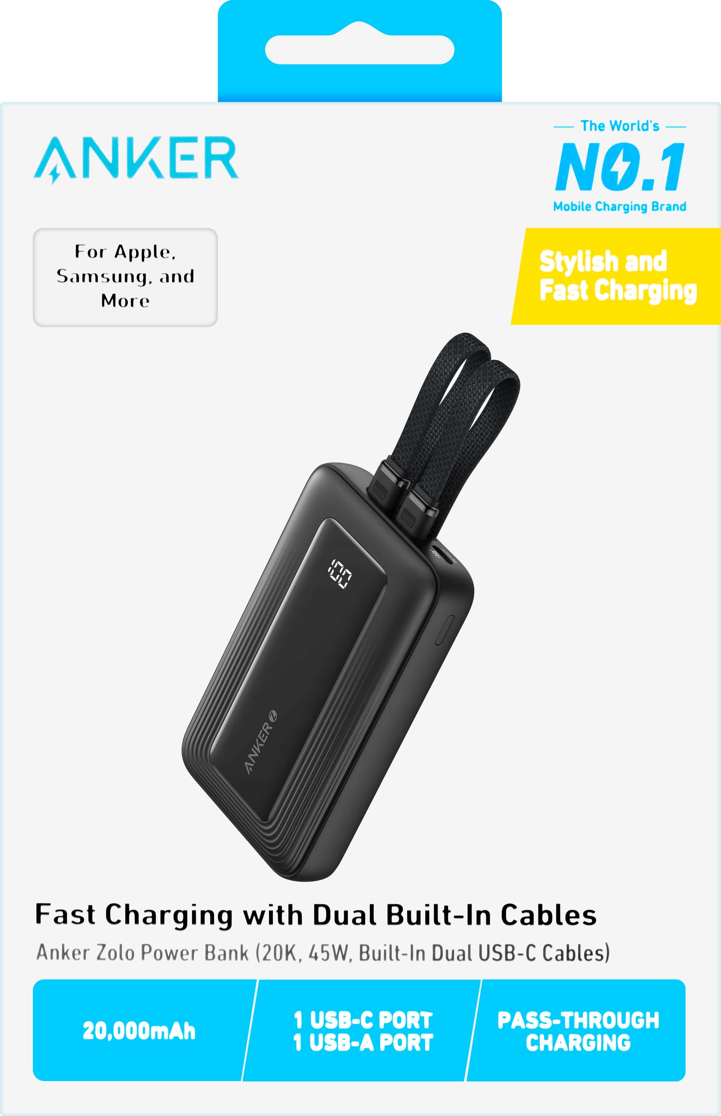 Anker Zolo külső akkumulátor, 20000mAh, 45W, QC + PD, 1 x USB-A - 3 x USB-C, Fekete A1681H12