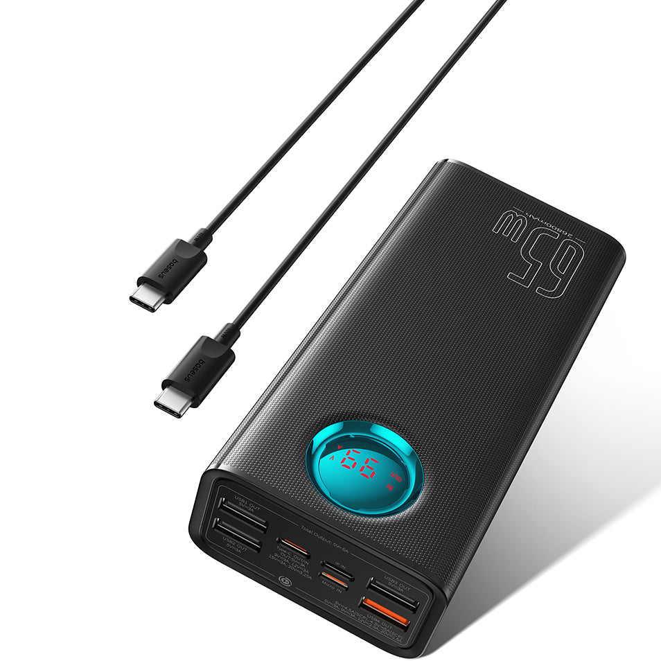 Külső akkumulátor Baseus Amblight Digitális Kijelző, 26800mAh, 65W, QC + PD, 1 x USB-C - 4 x USB-A, Fekete P10022402113-00
