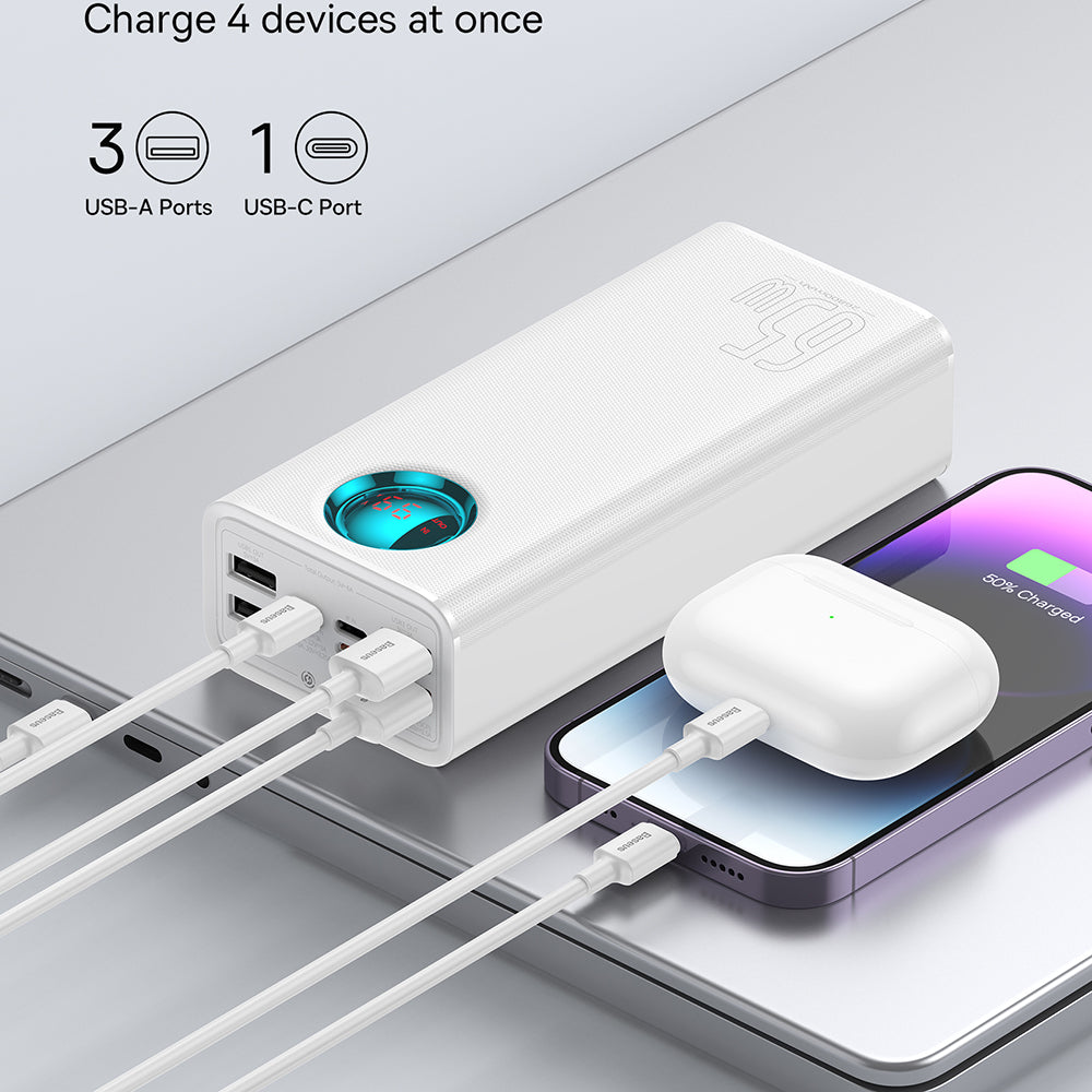 Baseus Amblight külső akkumulátor digitális kijelzővel, 26800mAh, 65W, QC + PD, 1 x USB-C - 4 x USB-A, Fehér P10022402223-00