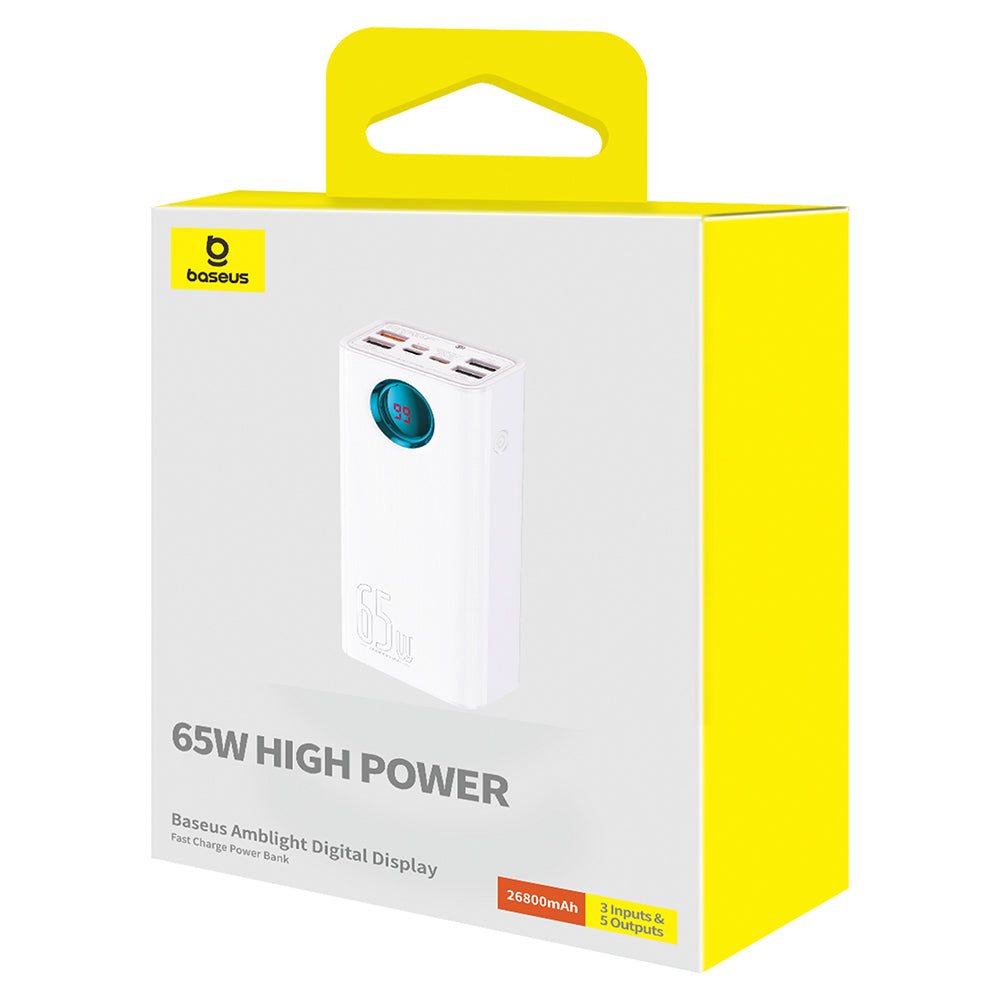 Baseus Amblight külső akkumulátor digitális kijelzővel, 26800mAh, 65W, QC + PD, 1 x USB-C - 4 x USB-A, Fehér P10022402223-00