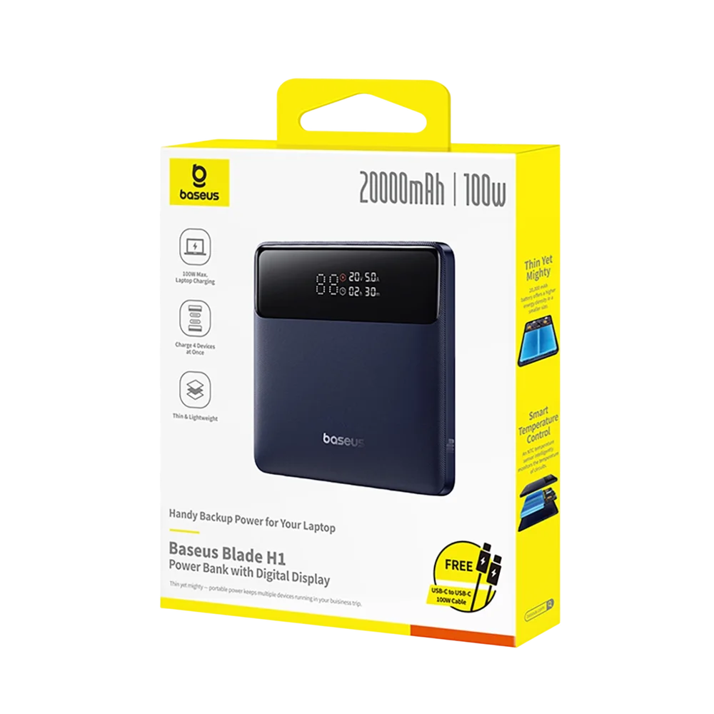 Baseus Blade H1 External Battery, 20000mAh, 100W, QC + PD, 2 x USB-A - 2 x USB-C, Black