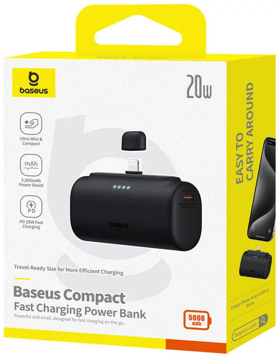 Baseus Compact külső akkumulátor, 5000mAh, 20W, PD, 1 x Lightning - 1 x USB-C, Fekete P10068307113-00