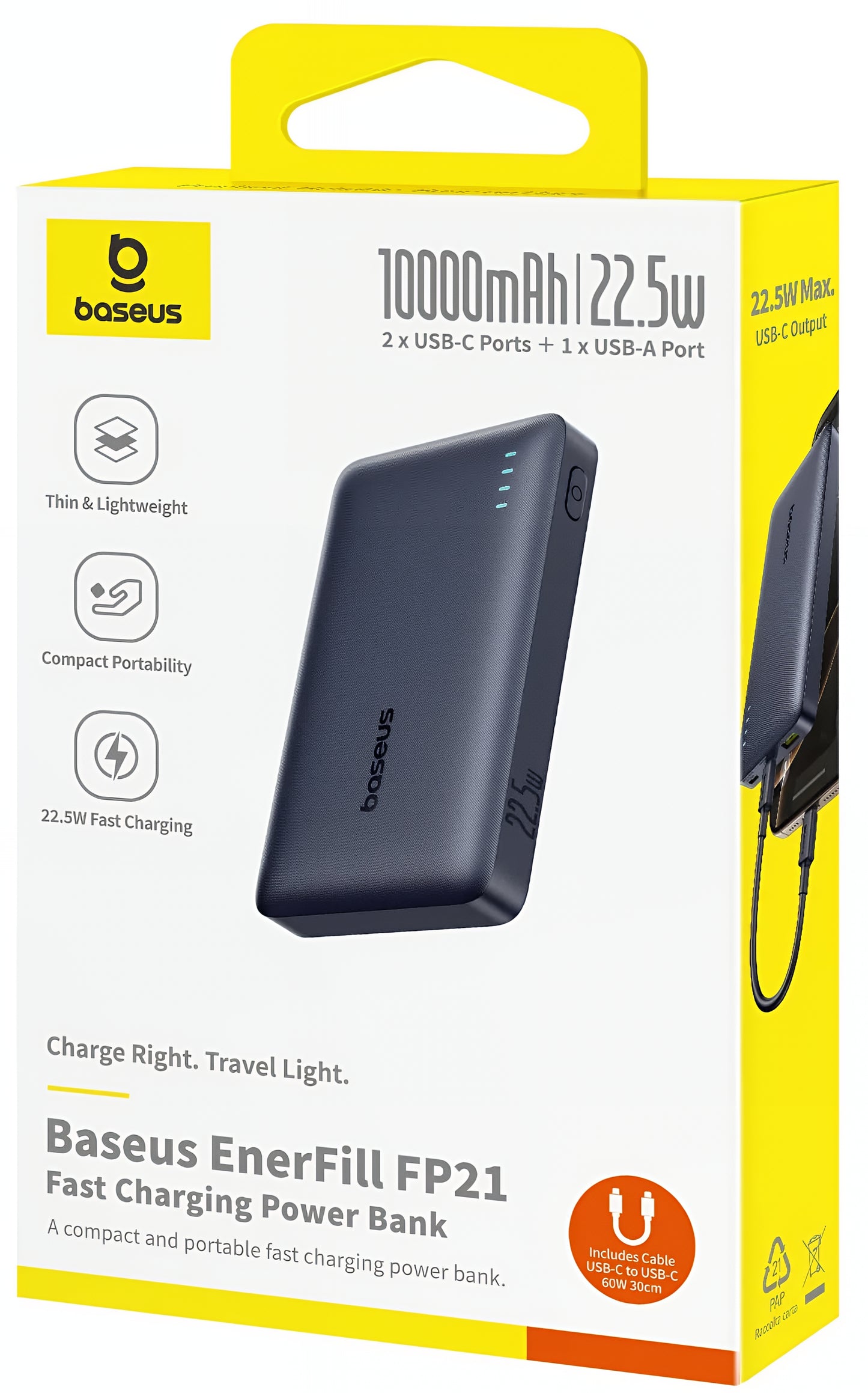 Baseus EnerFill FP21 külső akkumulátor, 10000mAh, 22.5W, QC + PD, 1 x USB-A - 2 x USB-C, Fekete P1008210D123-00