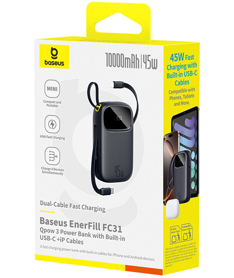 Baseus EnerFill FC31 Qpow 3 External Battery, 10000mAh, 45W, QC + PD, 1 x USB-A - 3 x USB-C, Black P10082102123-00