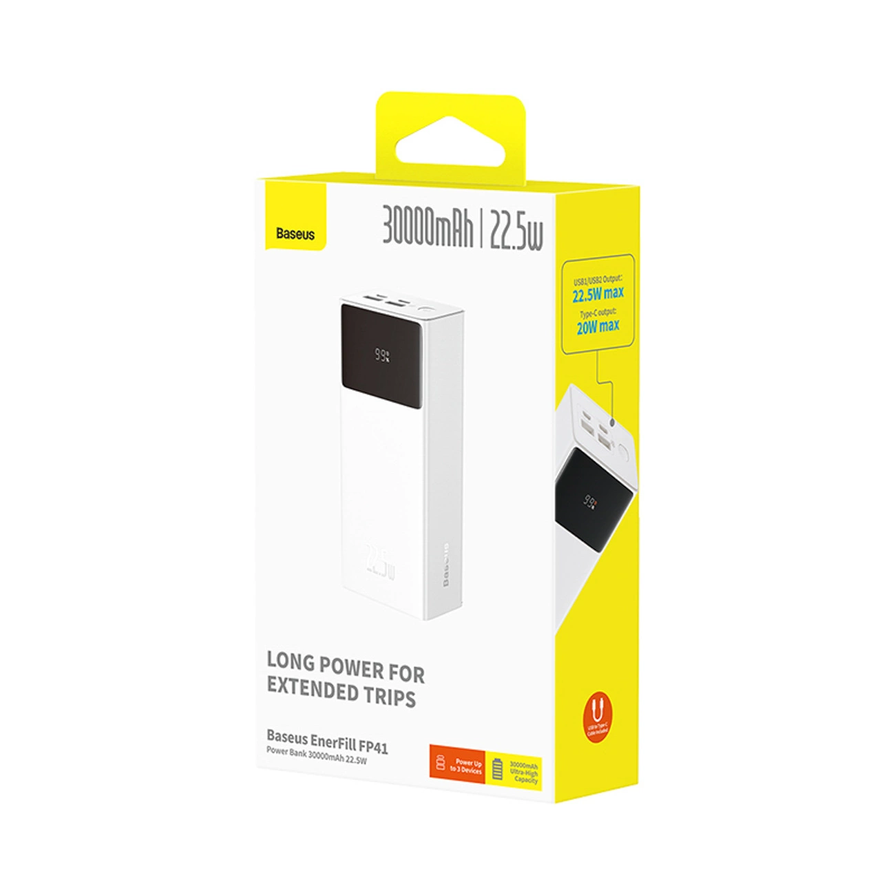 Baseus EnerFill FP41 külső akkumulátor, 30000mAh, 22,5W, QC + PD, 1 x USB-C - 2 x USB-A, Fehér E0027K01