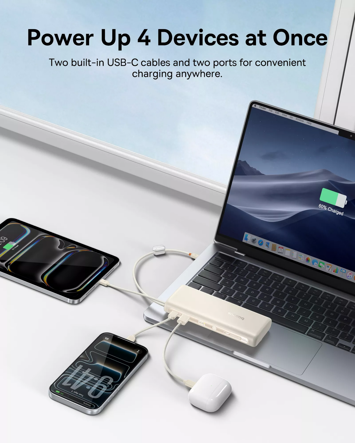 Baseus EnerFill FC41 külső akkumulátor, 20000mAh, 100W, QC + PD, 1 x USB-A - 3 x USB-C, Fehér E0028N04