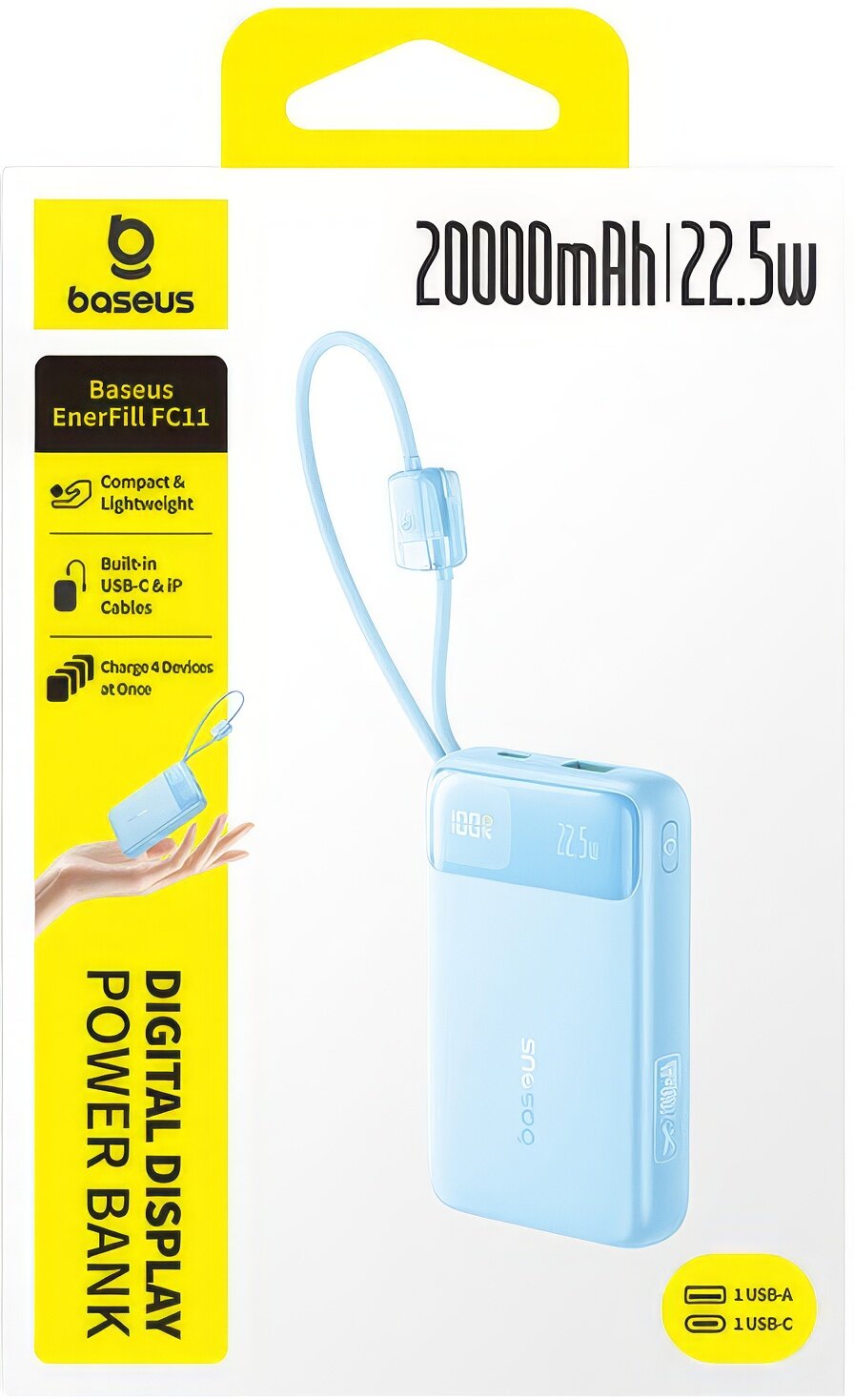 Baseus EnerFill FC11 külső akkumulátor, 20000mAh, 22,5W, QC + PD, 1 x Lightning - 1 x USB-A - 2 x USB-C, Kék E0027S06