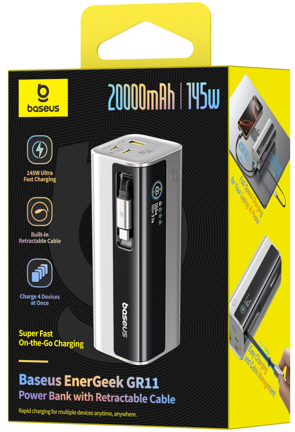 Baseus EnerGeek GR11 külső akkumulátor, 20000mAh, 145W, QC + PD, 1 x USB-A - 3 x USB-C, Ezüst E0027B02