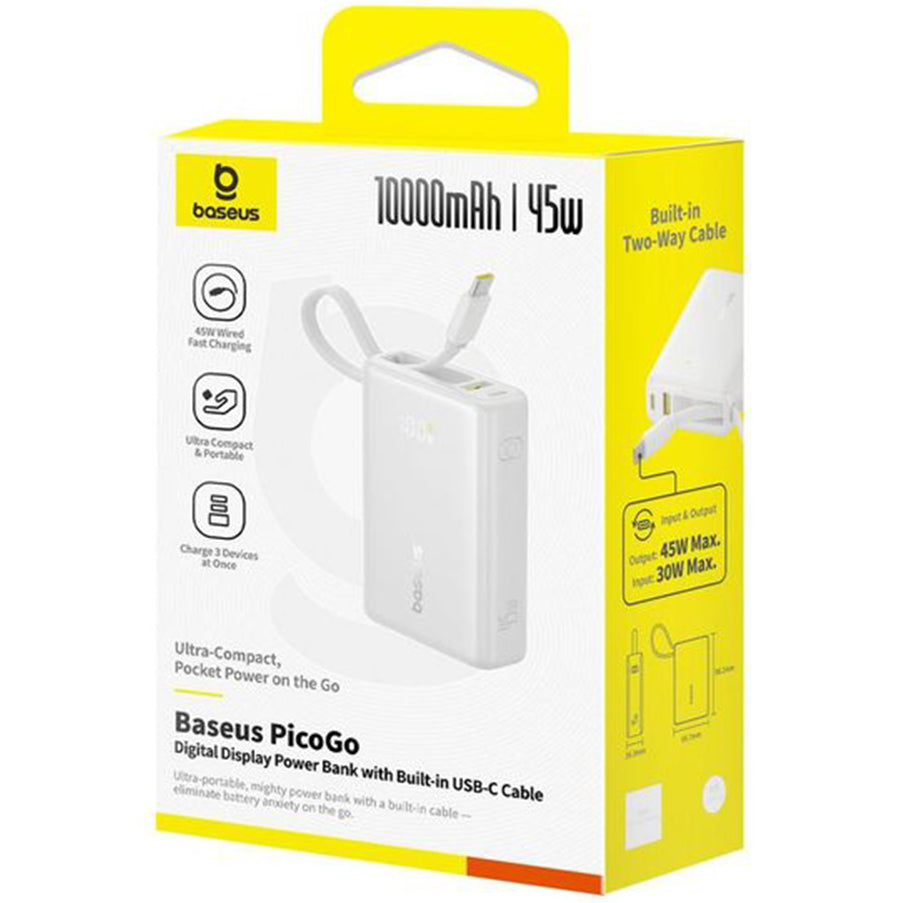 Baseus PicoGo külső akkumulátor, 10000mAh, 45W, QC + PD, 1 x USB-A - 2 x USB-C, Fehér P10076803213-00