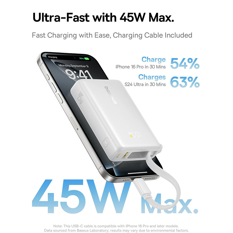 Baseus PicoGo külső akkumulátor, 10000mAh, 45W, QC + PD, 1 x USB-A - 2 x USB-C, Fehér P10076803213-00