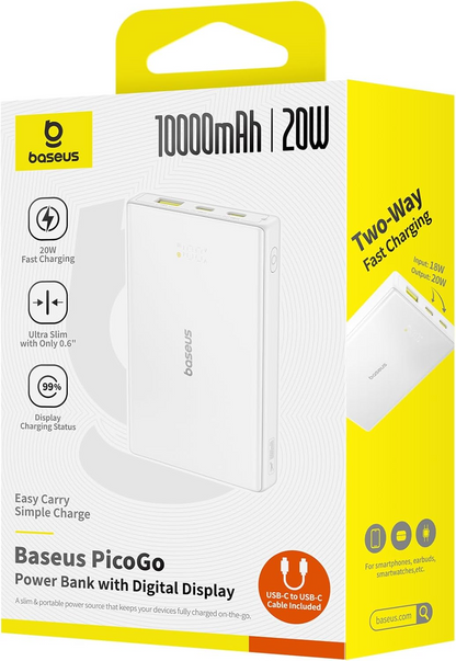 Baseus PicoGo külső akkumulátor, 10000mAh, 20W, QC + PD, 1 x USB-A - 2 x USB-C, Fehér P10076801213-00