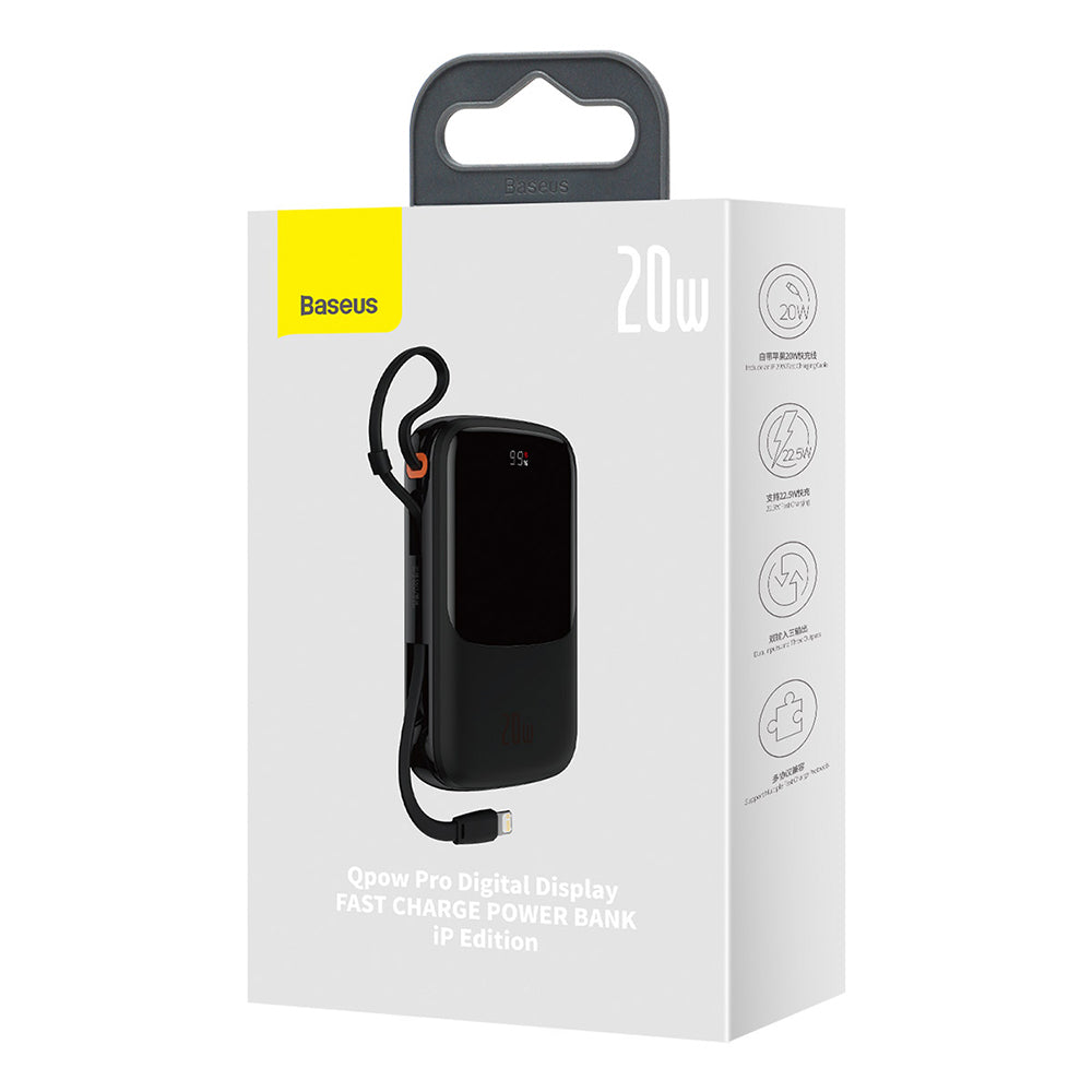 Baseus Qpow Pro külső akkumulátor, 20000mAh, 20W, QC + PD, 1 x Lightning - 1 x USB-A - 1 x USB-C, Fekete PPQD040001