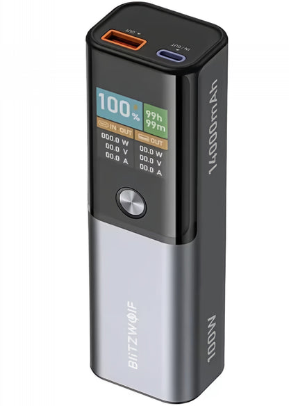 BlitzWolf BW-P23 External Battery, 14000mAh, 100W, QC + PD, 1 x USB-A - 1 x USB-C, Gray