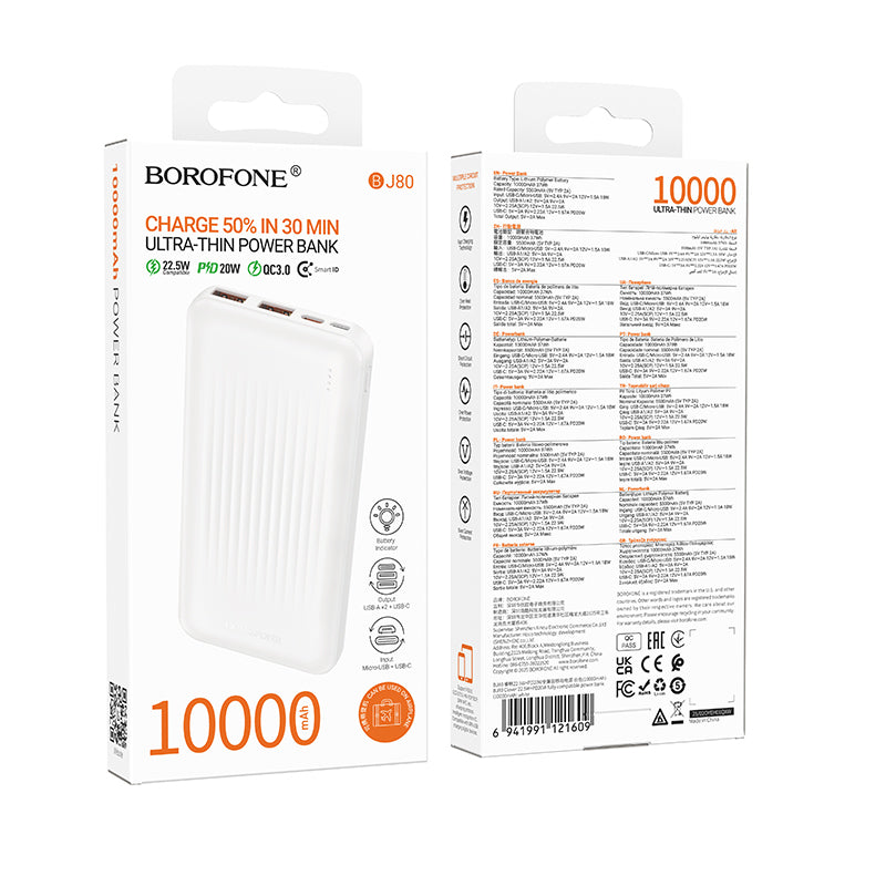 Külső akkumulátor Borofone BJ80A Clever, 10000mAh, 22.5W, QC + PD, 1 x USB-C - 2 x USB-A, Fehér