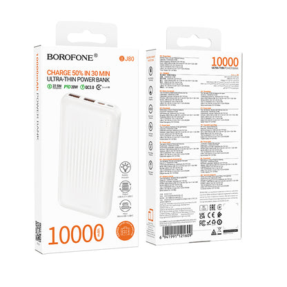 Külső akkumulátor Borofone BJ80A Clever, 10000mAh, 22.5W, QC + PD, 1 x USB-C - 2 x USB-A, Fehér