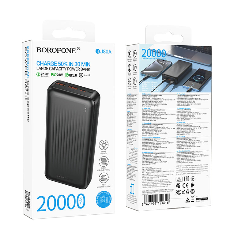 Külső akkumulátor Borofone BJ80A Clever, 20000mAh, 22.5W, QC + PD, 1 x USB-C - 2 x USB-A, Fekete
