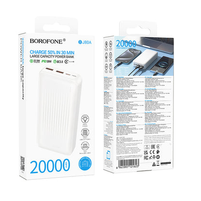 Külső akkumulátor Borofone BJ80A Clever, 20000mAh, 22.5W, QC + PD, 1 x USB-C - 2 x USB-A, Fehér
