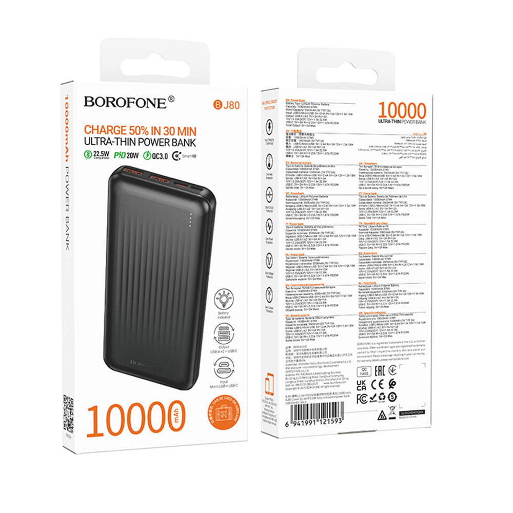 Külső akkumulátor Borofone BJ80A Clever, 10000mAh, 22.5W, QC + PD, 1 x USB-C - 2 x USB-A, Fekete