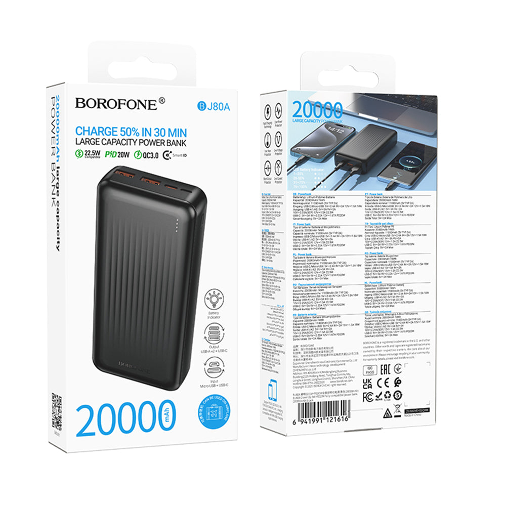 Külső akkumulátor Borofone BJ80A Clever, 20000mAh, 22.5W, QC + PD, 1 x USB-C - 2 x USB-A, Fekete
