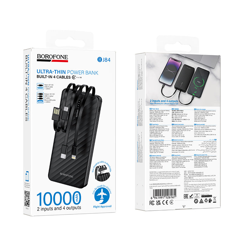 Borofone BJ84 Smooth külső akkumulátor, 10000mAh, 10W, 1 x Lightning - 1 x microUSB - 1 x USB-A - 1 x USB-C, Fekete