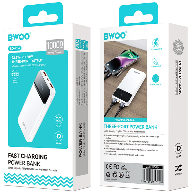 BWOO BO-P34 külső akkumulátor, 10000mAh, 22,5W, QC + PD, 1 x USB-C - 2 x USB-A, Fehér
