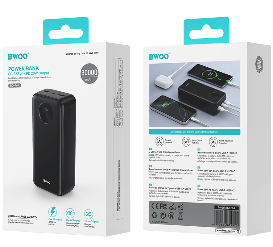 Külső akkumulátor BWOO BO-P64, 30000mAh, 22.5W, QC + PD, 1 x USB-C - 2 x USB-A, Fekete
