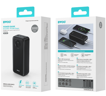 Külső akkumulátor BWOO BO-P64, 30000mAh, 22.5W, QC + PD, 1 x USB-C - 2 x USB-A, Fekete