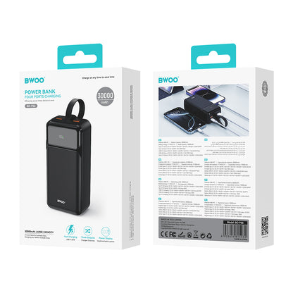 Külső akkumulátor BWOO BO-P66, 30000mAh, 65W, QC + PD, 1 x USB-C - 2 x USB-A, Fekete
