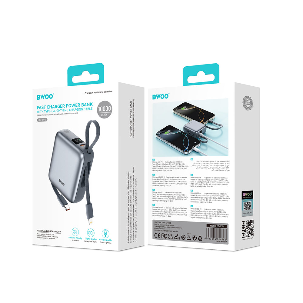 Külső akkumulátor BWOO BO-P74, 10000mAh, 22.5W, PD, 1 x Lightning - 2 x USB-C, Fekete