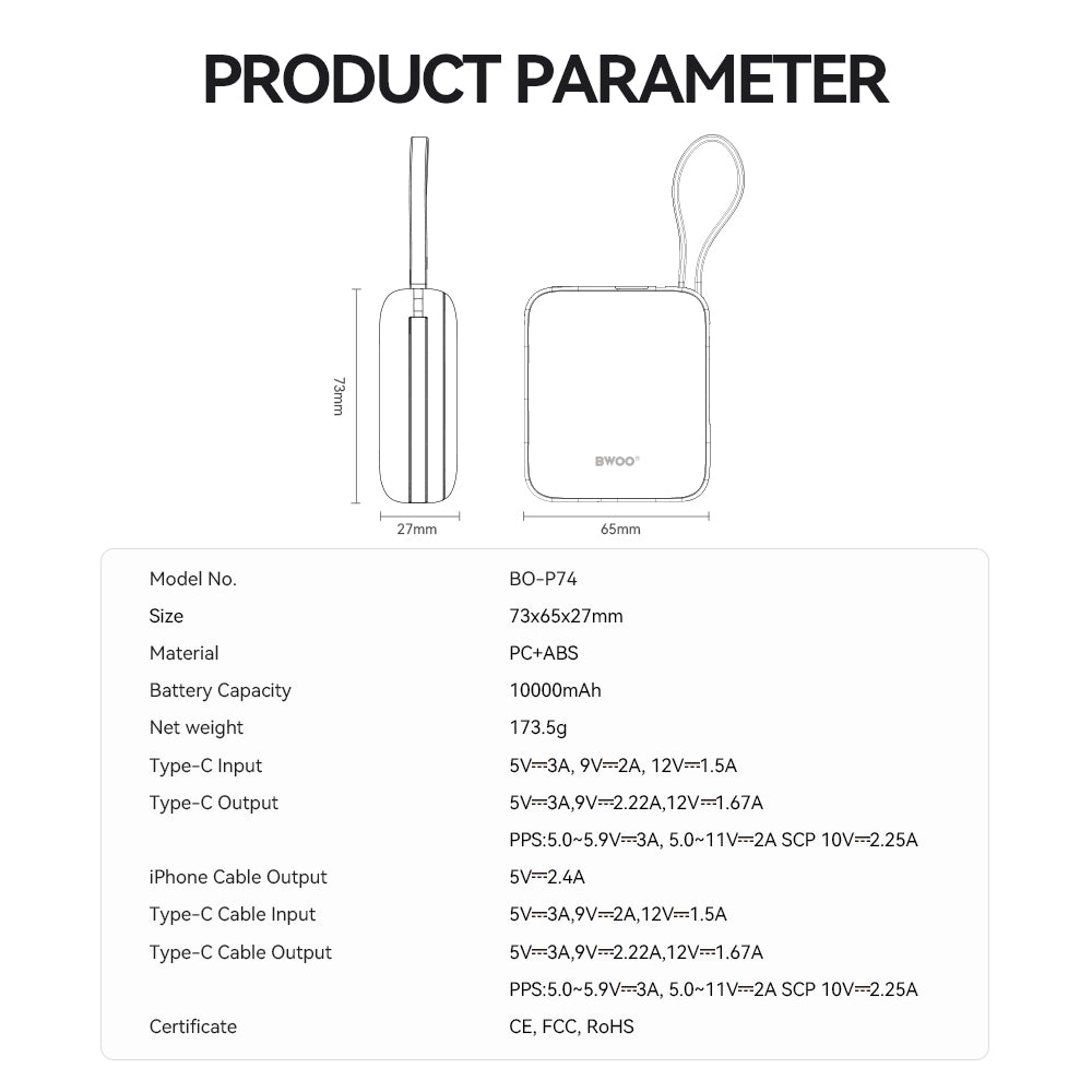 Külső akkumulátor BWOO BO-P74, 10000mAh, 22.5W, PD, 1 x Lightning - 2 x USB-C, Fekete