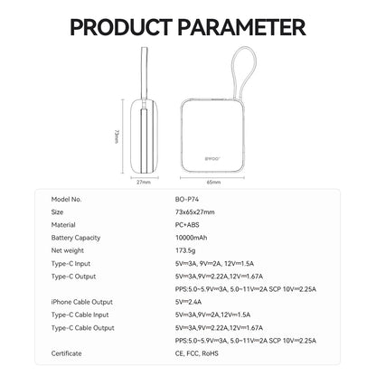 Külső akkumulátor BWOO BO-P74, 10000mAh, 22.5W, PD, 1 x Lightning - 2 x USB-C, Fekete