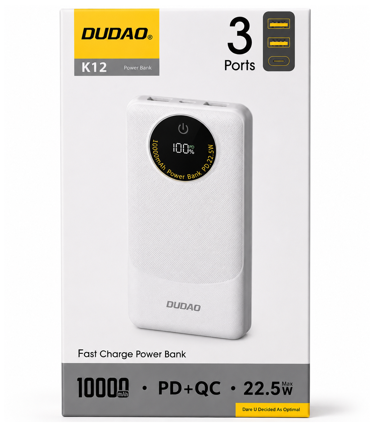 Dudao K12 külső akkumulátor, 10000mAh, 22.5W, QC + PD, 1 x USB-C - 2 x USB-A, Fehér