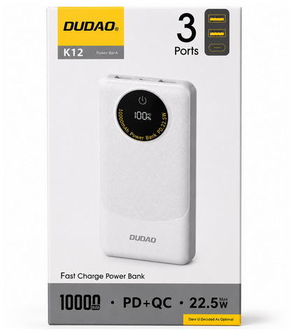 Dudao K12 külső akkumulátor, 10000mAh, 22.5W, QC + PD, 1 x USB-C - 2 x USB-A, Fehér