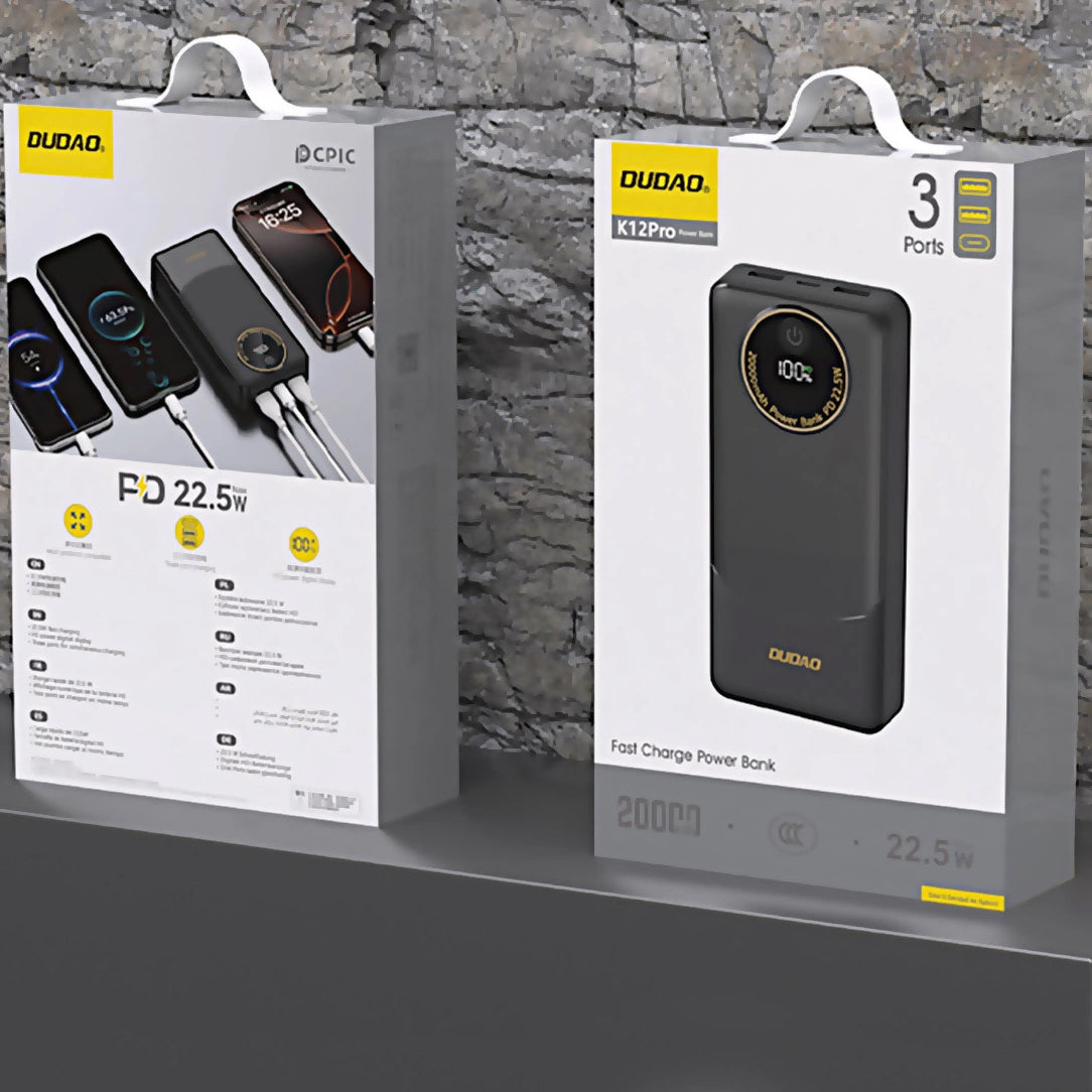Külső akkumulátor Dudao K12Pro, 20000mAh, 22.5W, QC + PD, 1 x USB-C - 2 x USB-A, Fekete