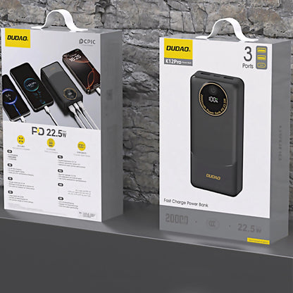 Külső akkumulátor Dudao K12Pro, 20000mAh, 22.5W, QC + PD, 1 x USB-C - 2 x USB-A, Fekete