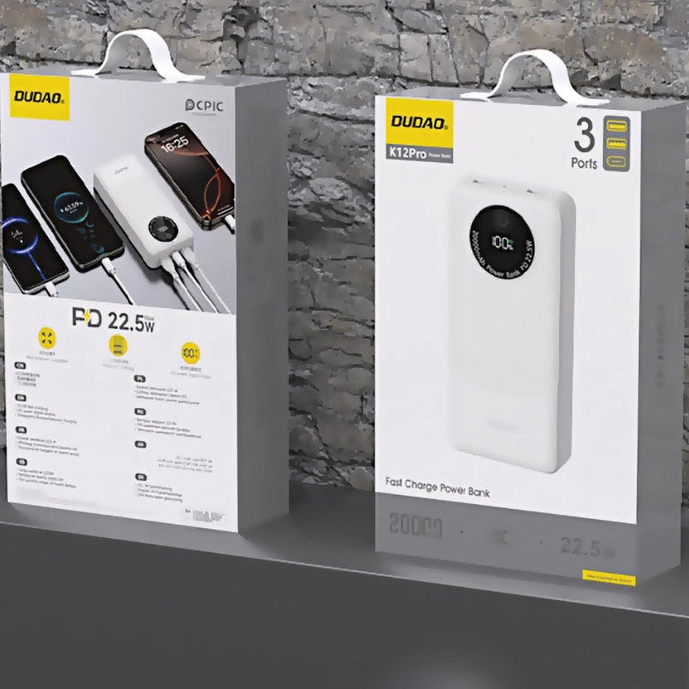 Dudao K12Pro külső akkumulátor, 20000mAh, 22.5W, QC + PD, 1 x USB-C - 2 x USB-A, Fehér