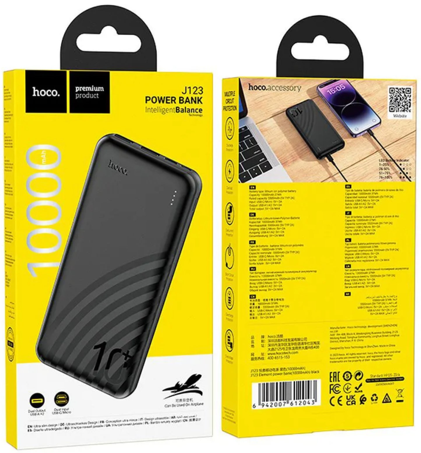 HOCO J123 külső akkumulátor, 10000mAh, 10W, 2 x USB-A, Fekete