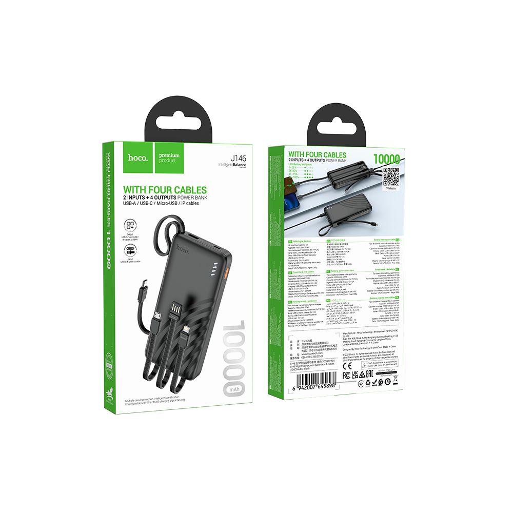 HOCO J146 külső akkumulátor, 10000mAh, 10W, 1 x Lightning - 1 x microUSB - 1 x USB-A - 1 x USB-C, Fekete