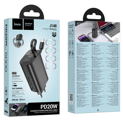 HOCO J148 2 az 1-ben külső akkumulátor, 5000 mAh, 20 W, PD, 2 × USB-C, fekete