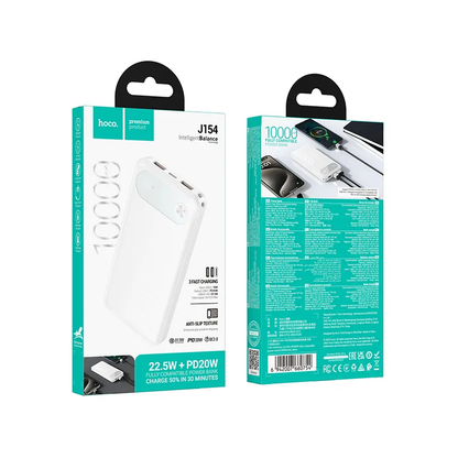 HOCO J154 külső akkumulátor, 10000mAh, 22,5W, QC + PD, 1 x USB-C - 2 x USB-A, Fehér