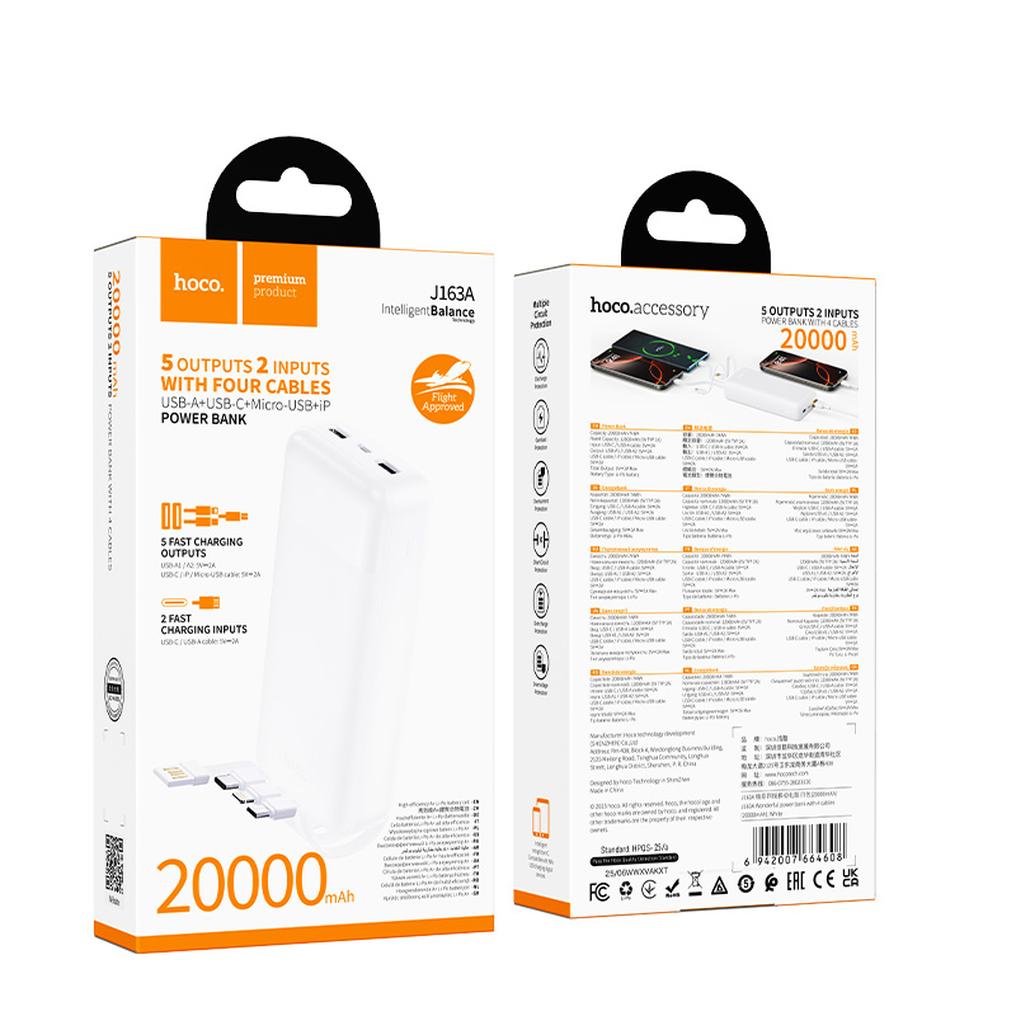 HOCO J163A Power Bank, 20000mAh, 10W, 1 x Lightning - 1 x microUSB - 1 x USB-C - 2 x USB-A, White