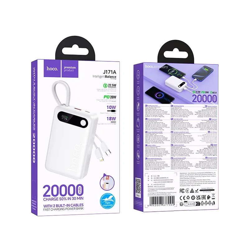 HOCO J171A külső akkumulátor, 20000mAh, 22,5W, QC + PD, 1 x Lightning - 1 x USB-A - 2 x USB-C, Fehér