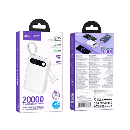 HOCO J171A külső akkumulátor, 20000mAh, 22,5W, QC + PD, 1 x Lightning - 1 x USB-A - 2 x USB-C, Fehér