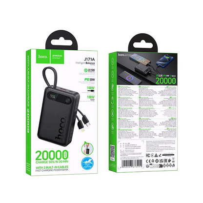 HOCO J171A külső akkumulátor, 20000mAh, 22,5W, QC + PD, 1 x Lightning - 1 x USB-A - 2 x USB-C, Fekete