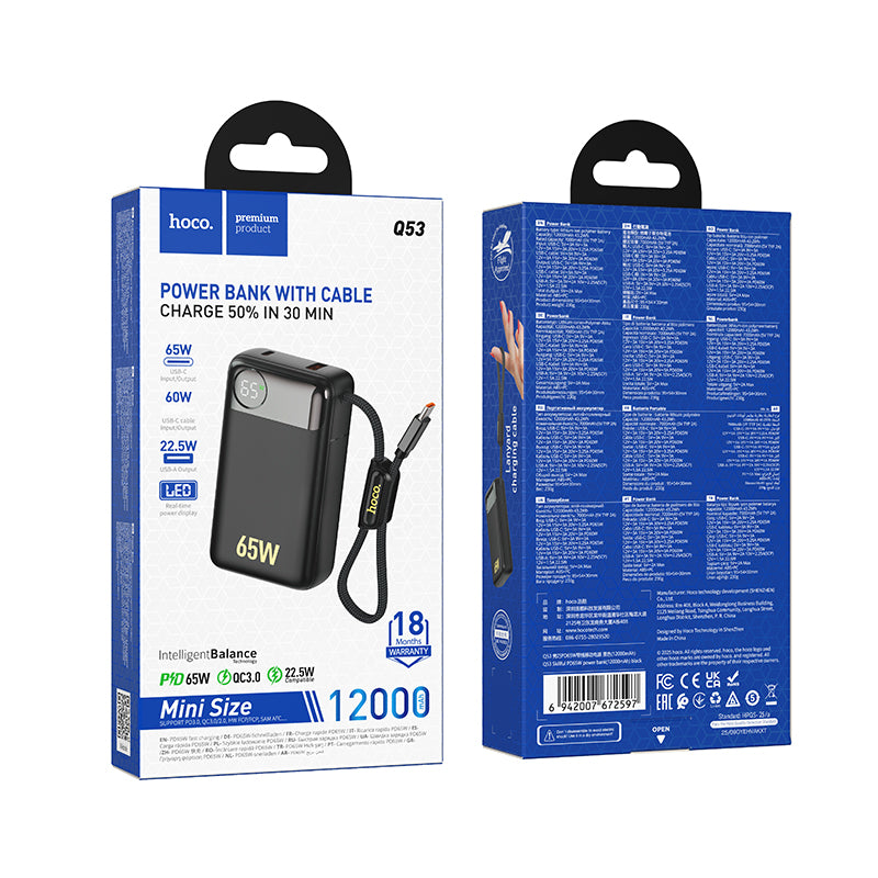 HOCO Q53 External Battery, 12000mAh, 65W, QC + PD, 1 x USB-A - 2 x USB-C, Black