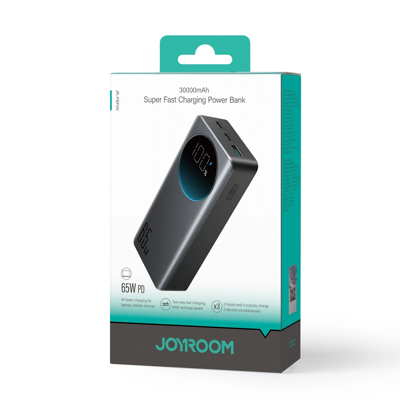 Joyroom JR-PBF05 Pro külső akkumulátor, 30000mAh, 65W, QC + PD, 1 x USB-A - 2 x USB-C, Fekete