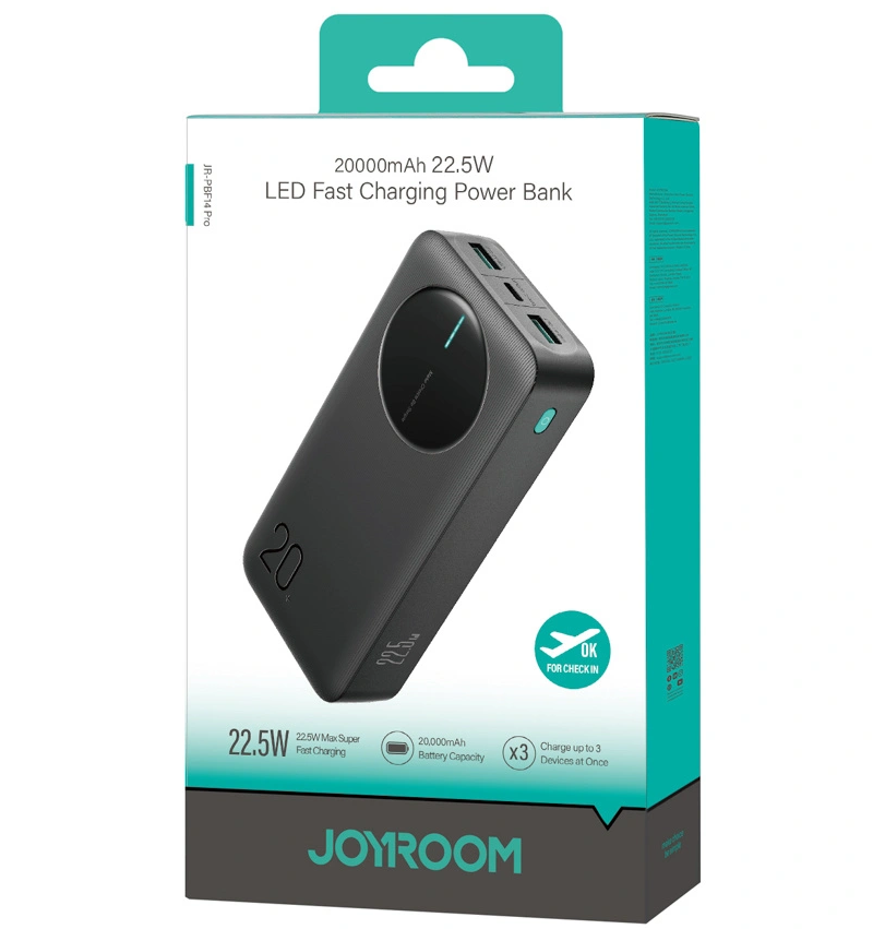 Joyroom JR-PBF14 Pro külső akkumulátor, 20000mAh, 22.5W, QC + PD, 1 x USB-C - 2 x USB-A, Fekete